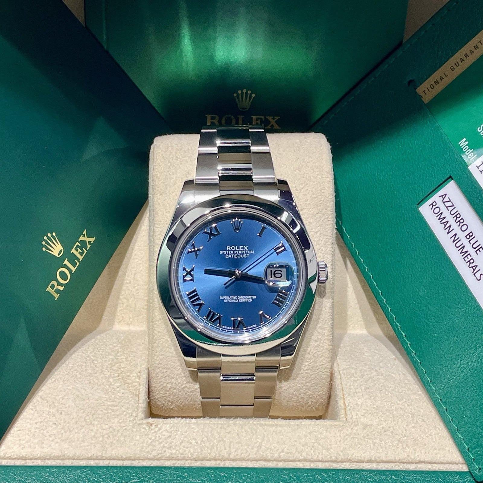 ROLEX DATEJUST 41mm BLUE AZZURO ROMAN DIAL OYSTERSTEEL SMOOTH BEZEL ref: 116300
