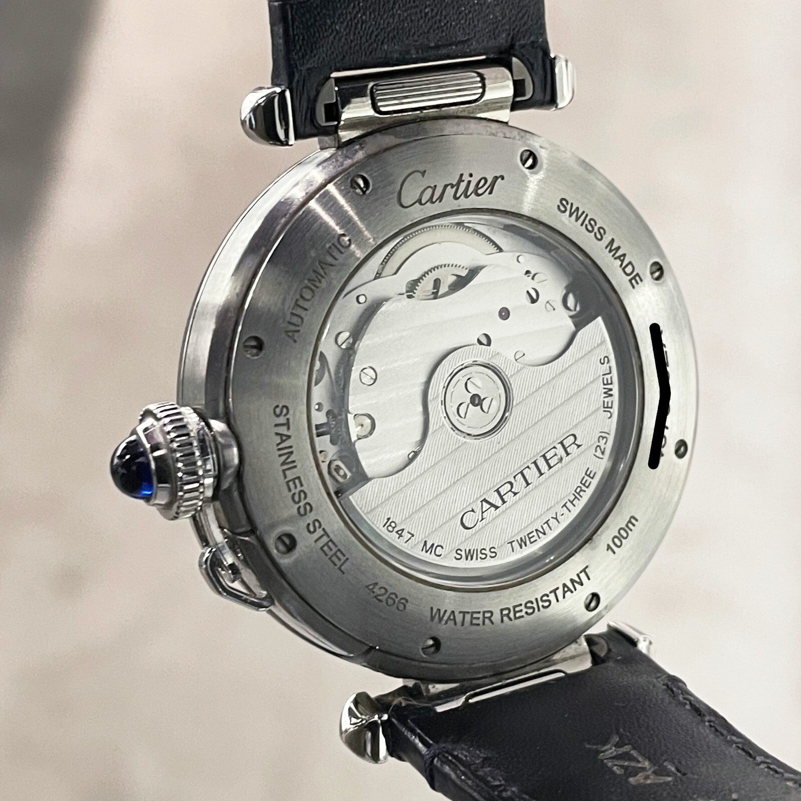 CARTIER PASHA 41mm DIAMOND BEZEL BLUE ALLIGATOR SILVER DIAL STEEL ref: WSPA0010