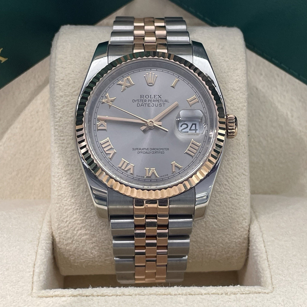 ROLEX DATEJUST 36mm GREY ROMAN ROSE GOLD STAINLESS JUBILEE FLUTED ref: 116231