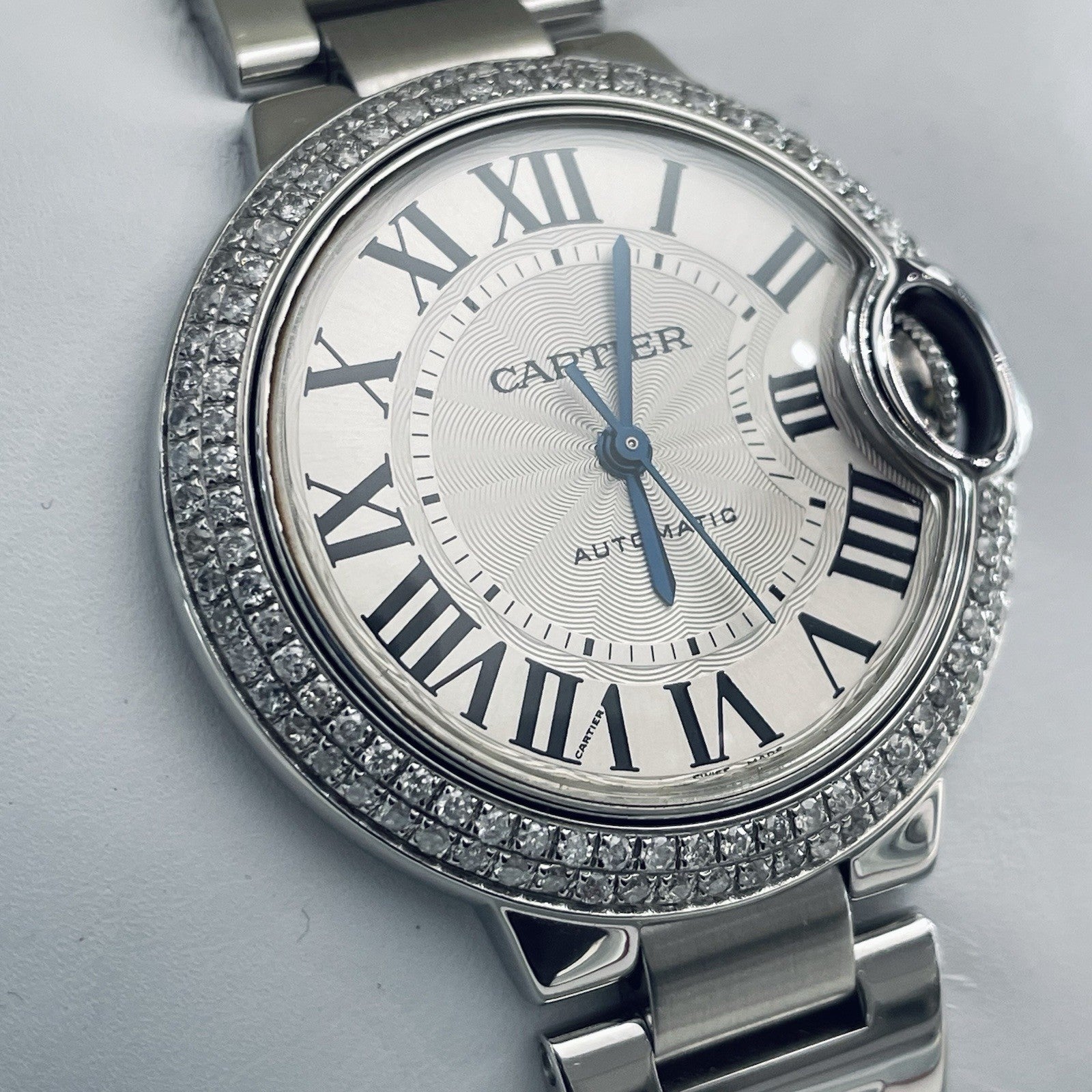 CARTIER BALLON BLEU 33mm SILVER DIAL DOUBLE ROW DIAMOND BEZEL ref: W6920071