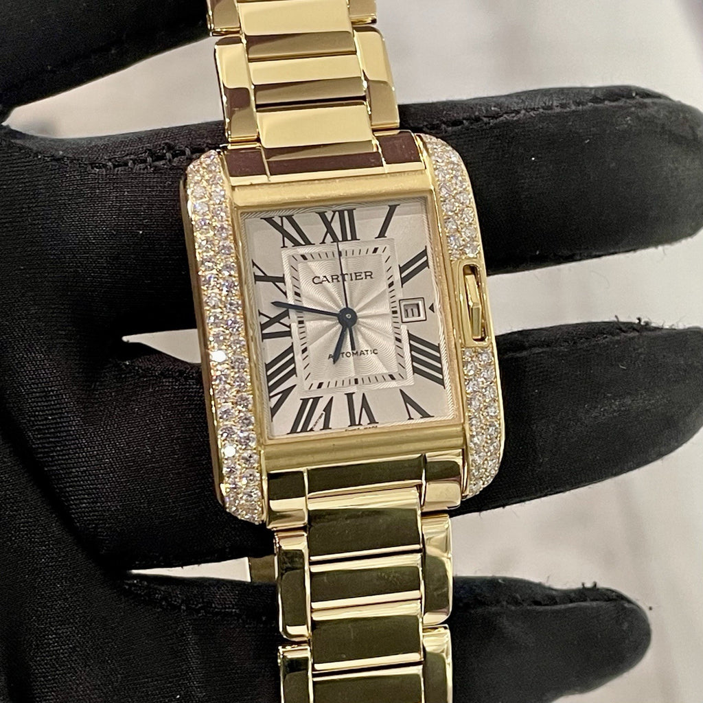 CARTIER TANK ANGLAISE LARGE YELLOW GOLD SILVER DIAL DIAMOND BEZEL ref: W5310015