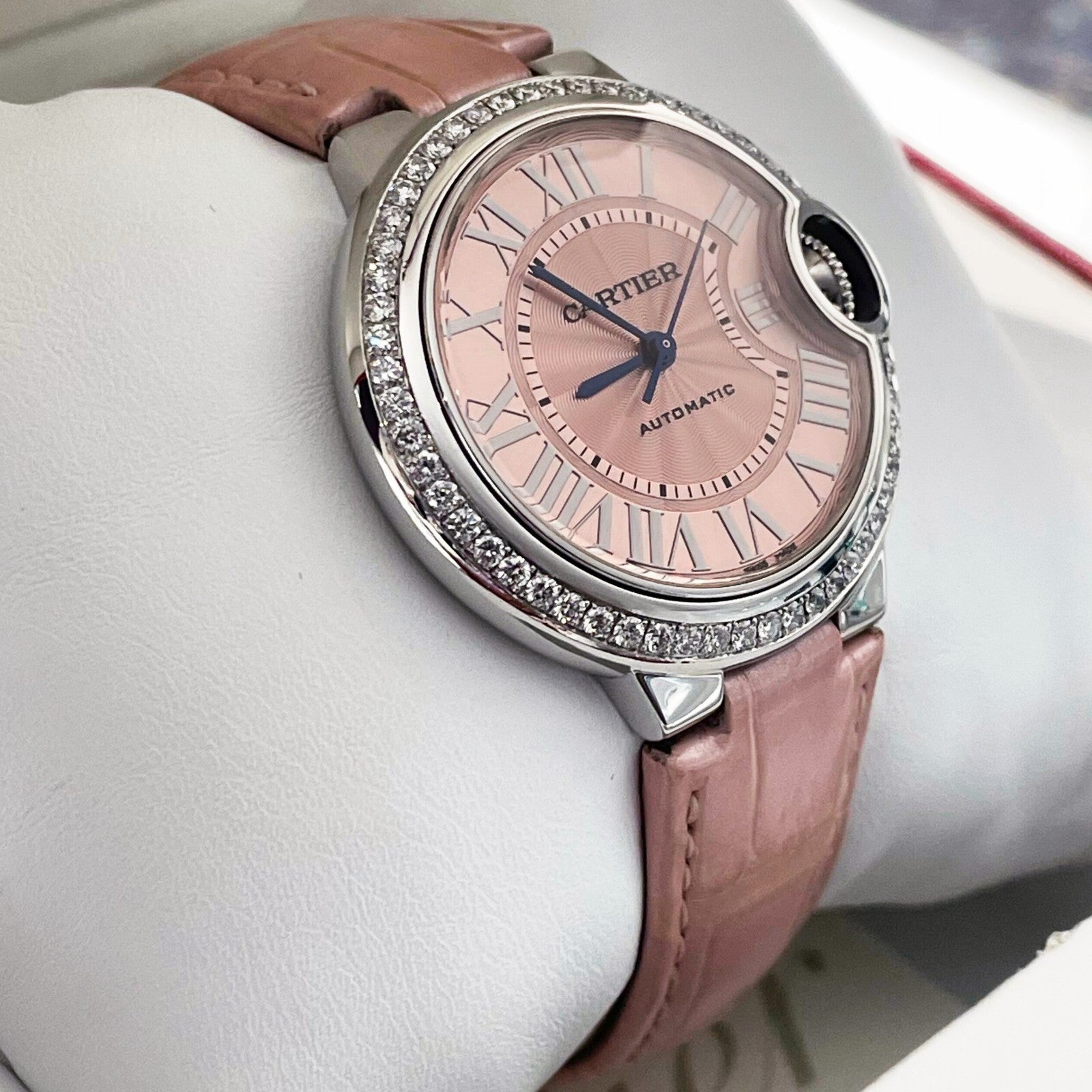 CARTIER BALLON BLEU 33mm PINK DIAL PINK STRAP DIAMOND BEZEL ref: WSBB0031