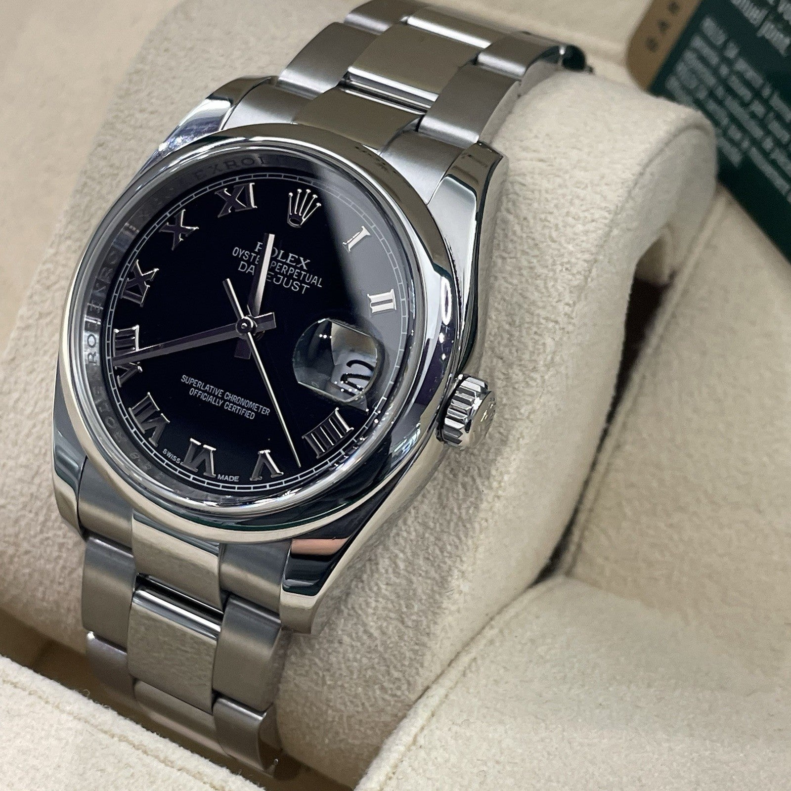 ROLEX DATEJUST 36mm BLACK ROMAN DIAL OYSTERSTEEL SMOOTH BEZEL ref: 116200