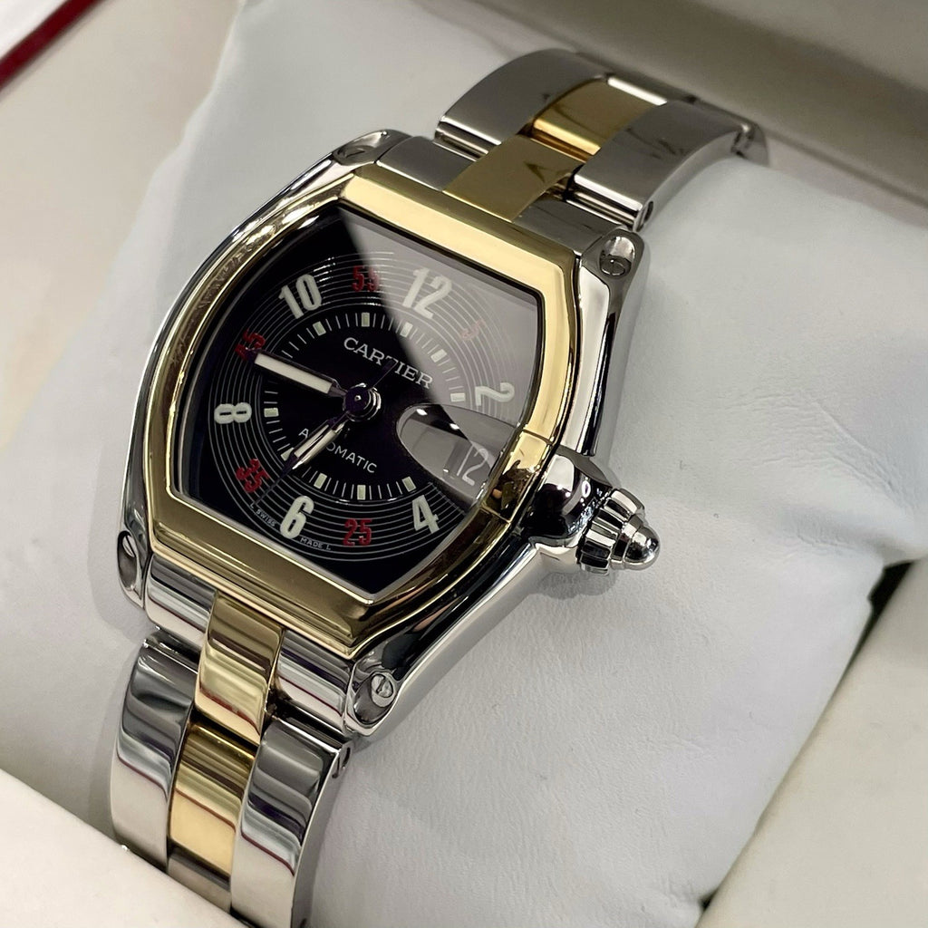 CARTIER ROADSTER LARGE BLACK ROULETTE DIAL YELLOW GOLD STAINLESS ref: W62031Y4