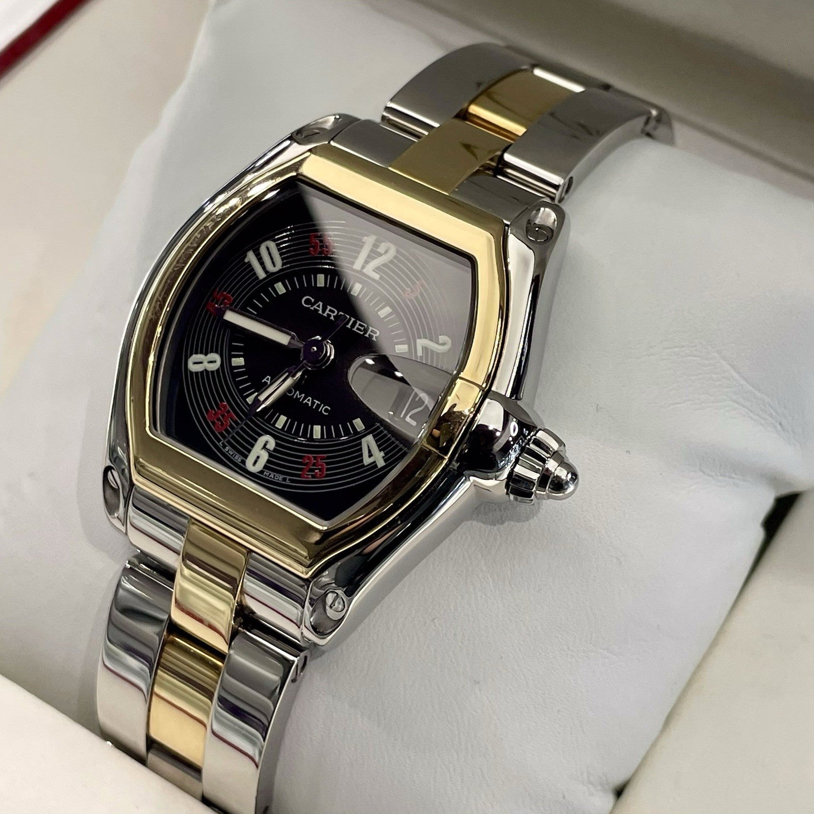 CARTIER ROADSTER LARGE BLACK ROULETTE DIAL YELLOW GOLD STAINLESS ref: W62031Y4