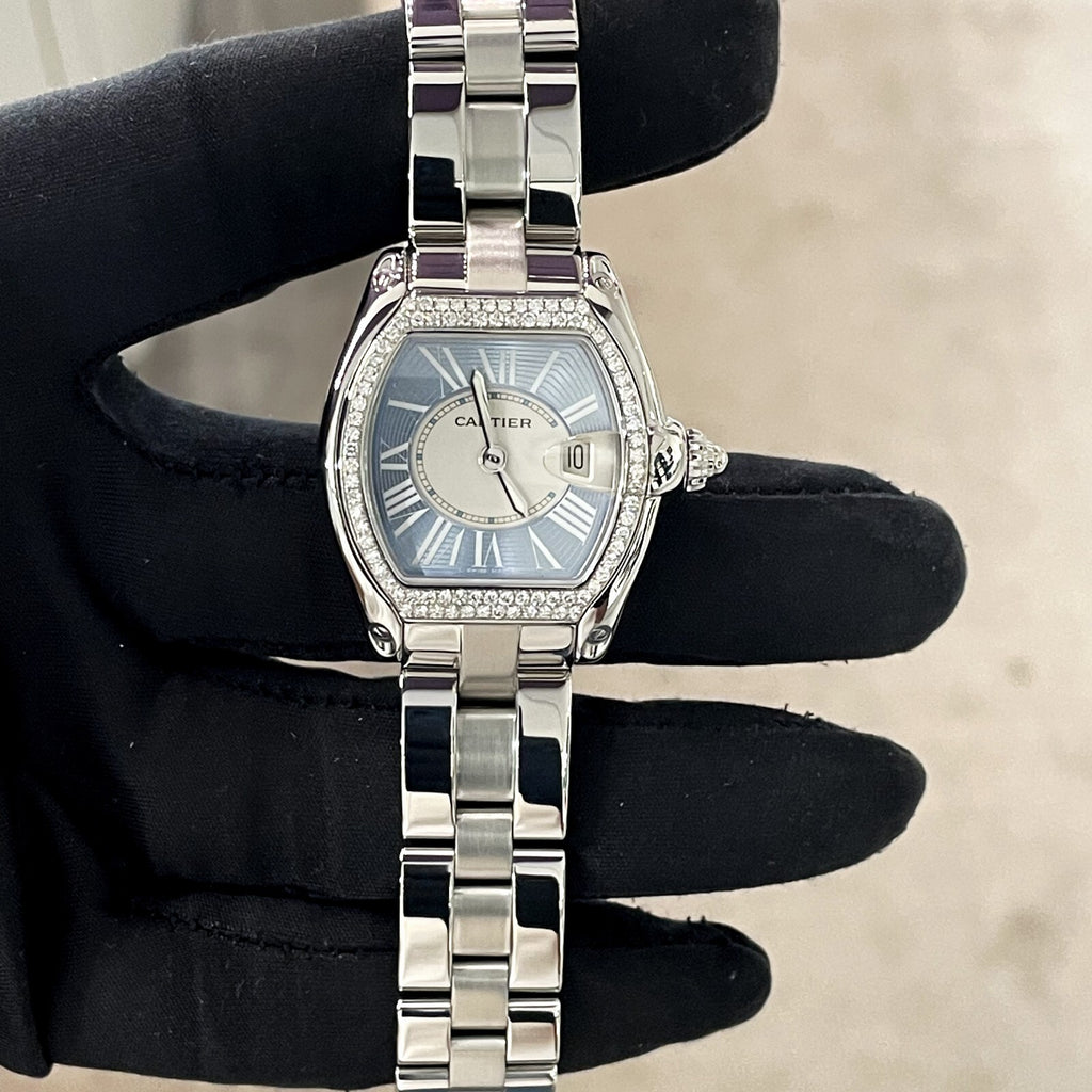 CARTIER ROADSTER LADIES BLUE ROMAN DIAMOND BEZEL STAINLESS ref: W62053V3