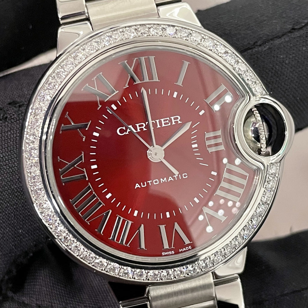 CARTIER BALLON BLEU 33mm RED DIAL DIAMOND BEZEL STAINLESS STEEL ref: WSBB0052