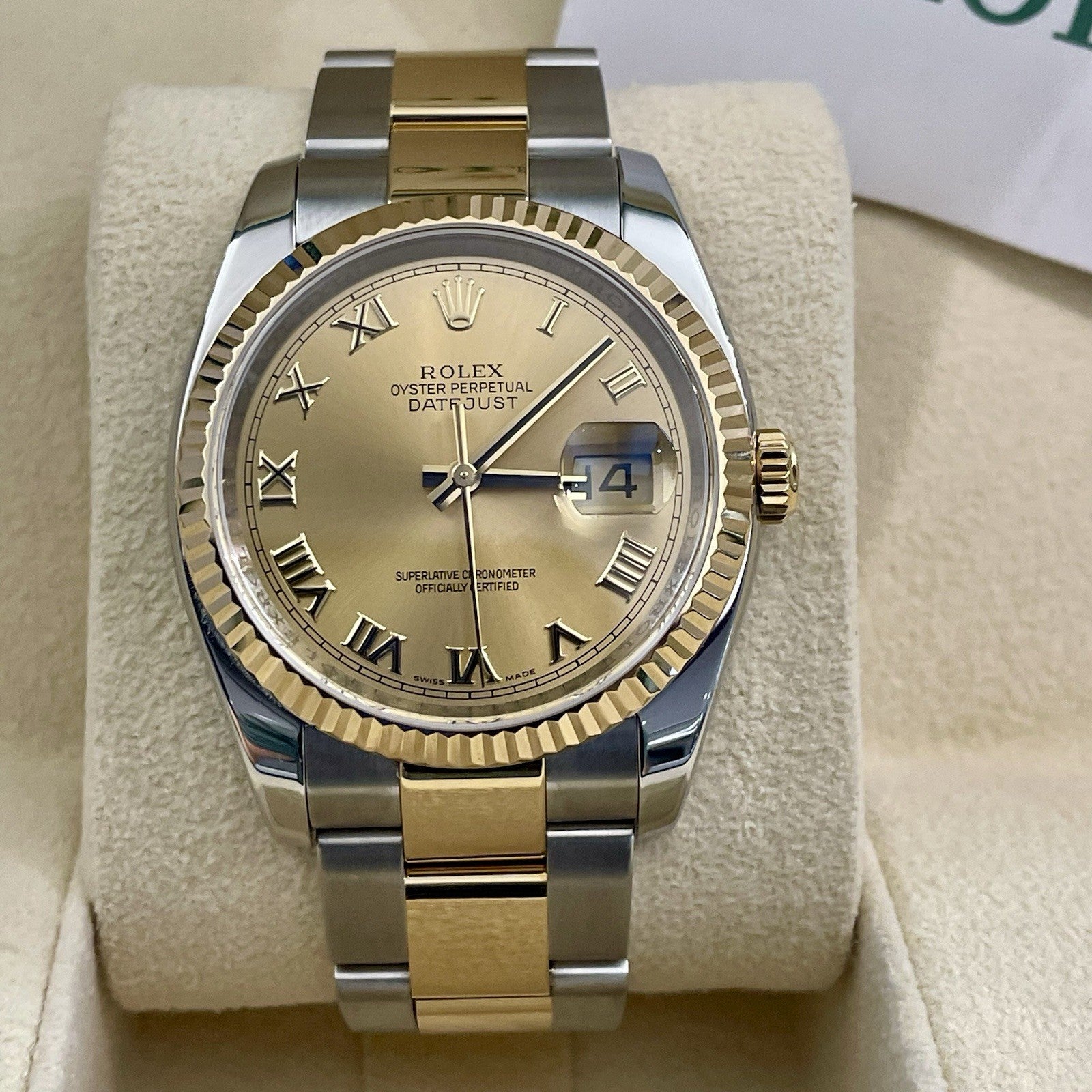 ROLEX DATEJUST 36 CHAMPAGNE ROMAN YELLOW GOLD OYSTERSTEEL FLUTED ref: 116233