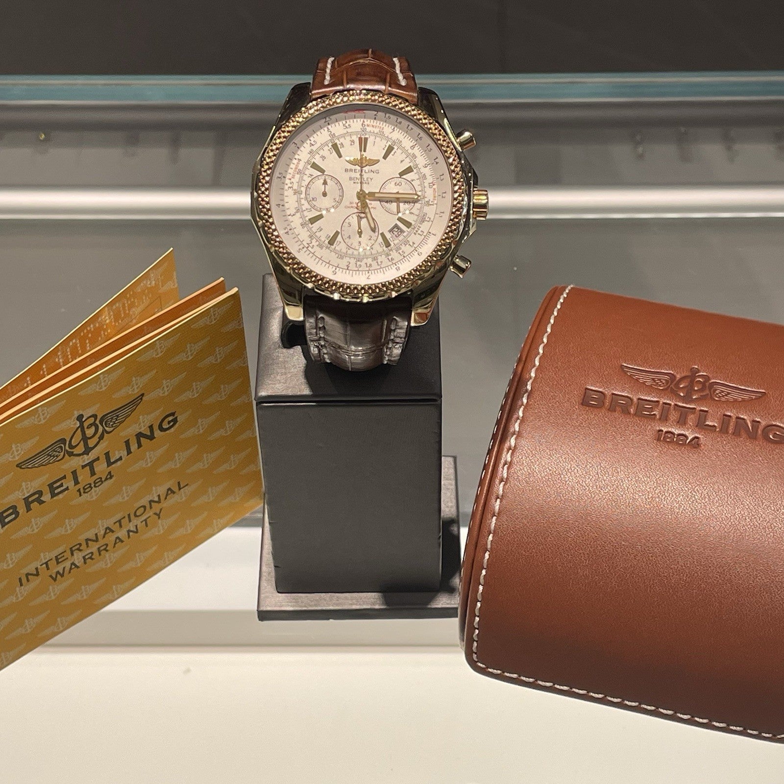 BREITLING BENTLEY MOTORS 48mm YELLOW GOLD SILVER DIAL BROWN STRAP ref: K25362