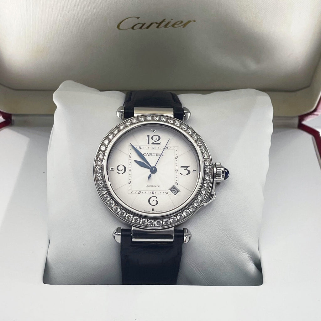 CARTIER PASHA 41mm DIAMOND BEZEL BLUE ALLIGATOR SILVER DIAL STEEL ref: WSPA0010