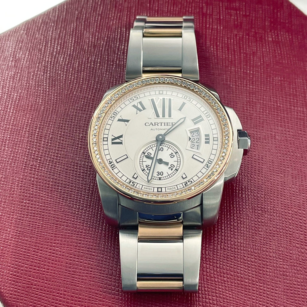 CARTIER CALIBRE 42mm ROSE GOLD STAINLESS DIAMOND BEZEL SILVER DIAL ref: W7100036