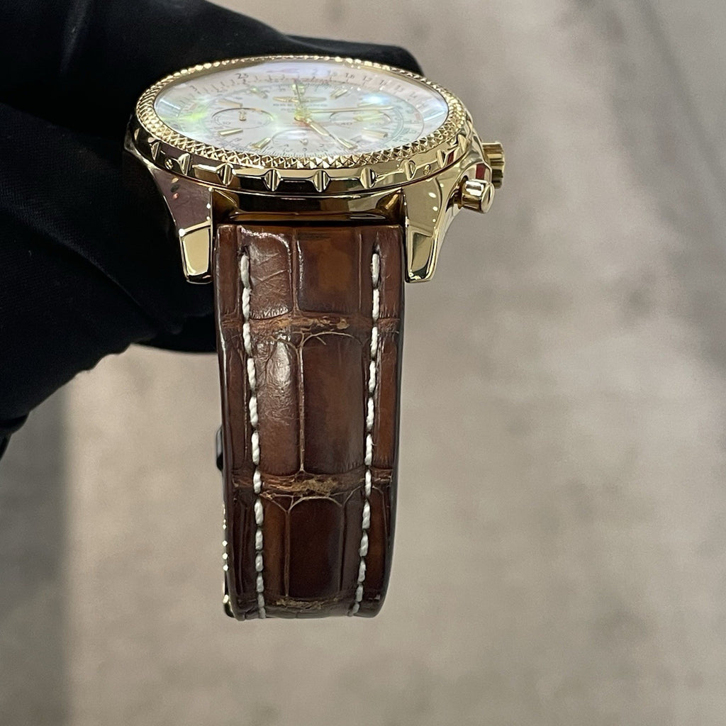 BREITLING BENTLEY MOTORS 48mm YELLOW GOLD SILVER DIAL BROWN STRAP ref: K25362