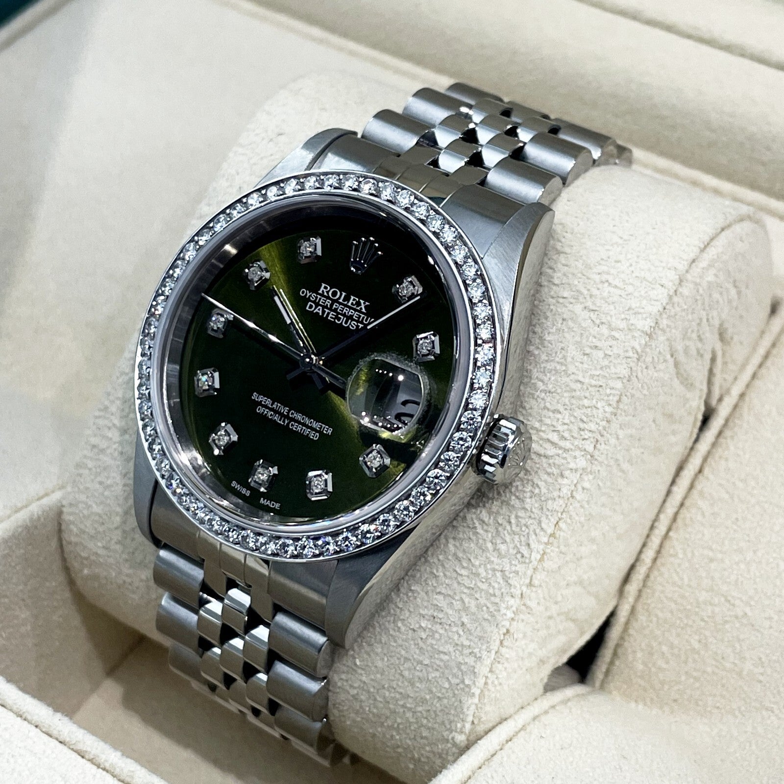 ROLEX DATEJUST 36mm OLIVE GREEN STAINLESS STEEL JUBILEE DIAMOND BEZEL ref: 16234