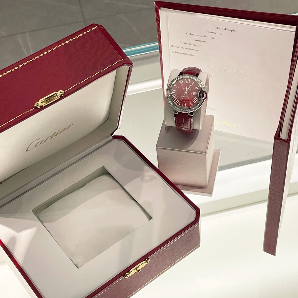 CARTIER BALLON BLEU 33mm RED DIAL DIAMOND BEZEL RED ALLIGATOR ref: WSBB0022