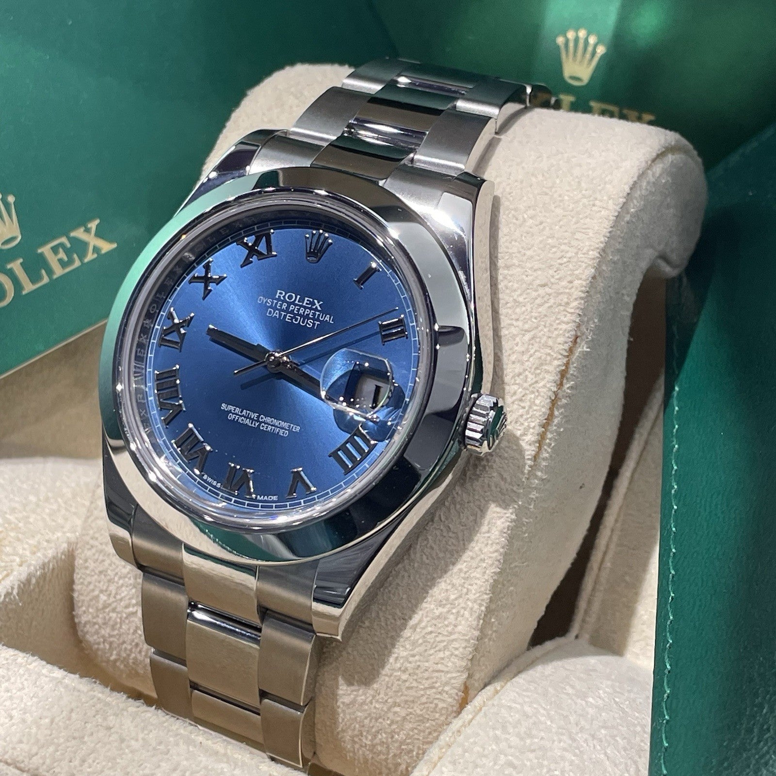 ROLEX DATEJUST 41mm BLUE AZZURO ROMAN DIAL OYSTERSTEEL SMOOTH BEZEL ref: 116300