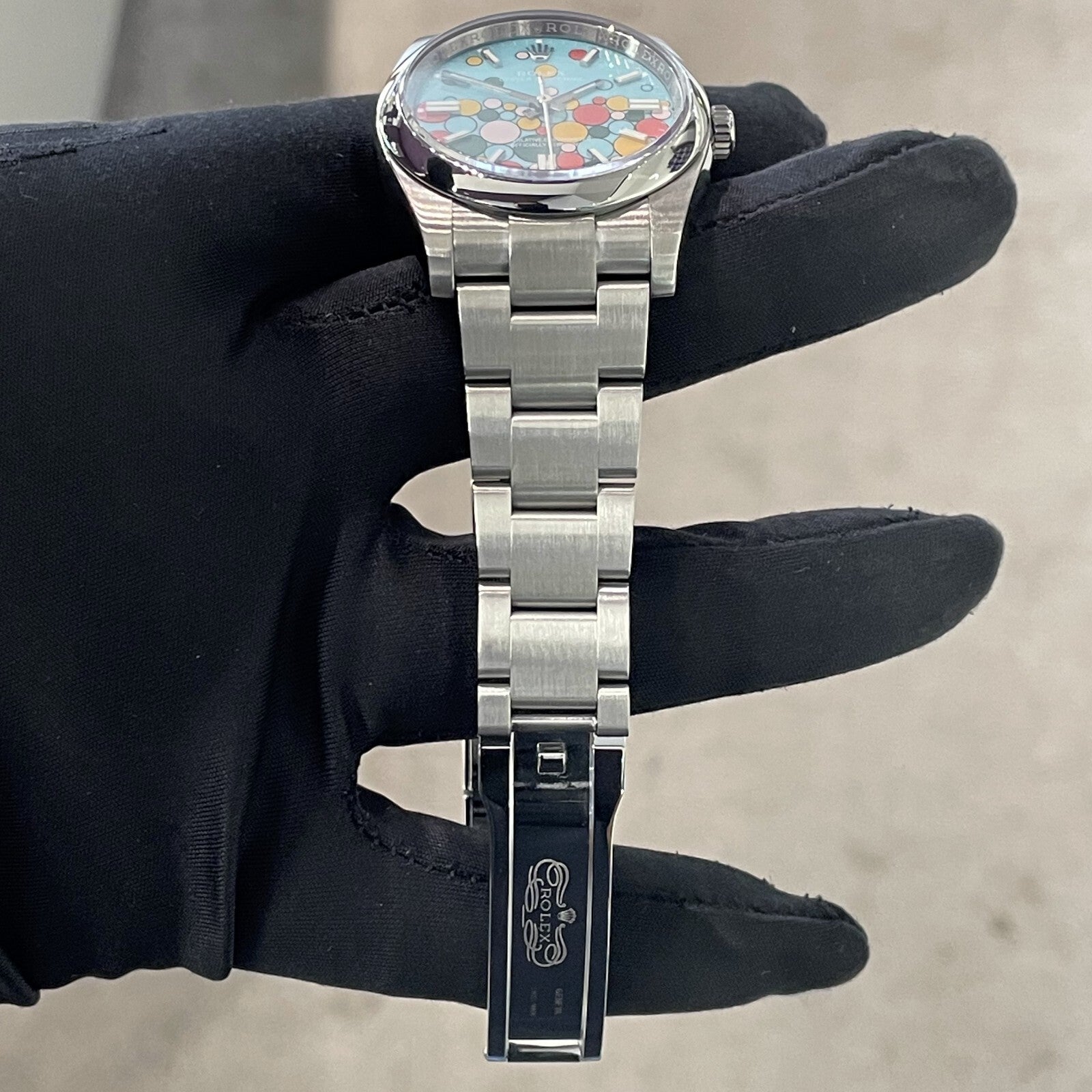 ROLEX OYSTER PERPETUAL 36mm TURQUOISE BLUE CELEBRATION DIAL ref: 116000