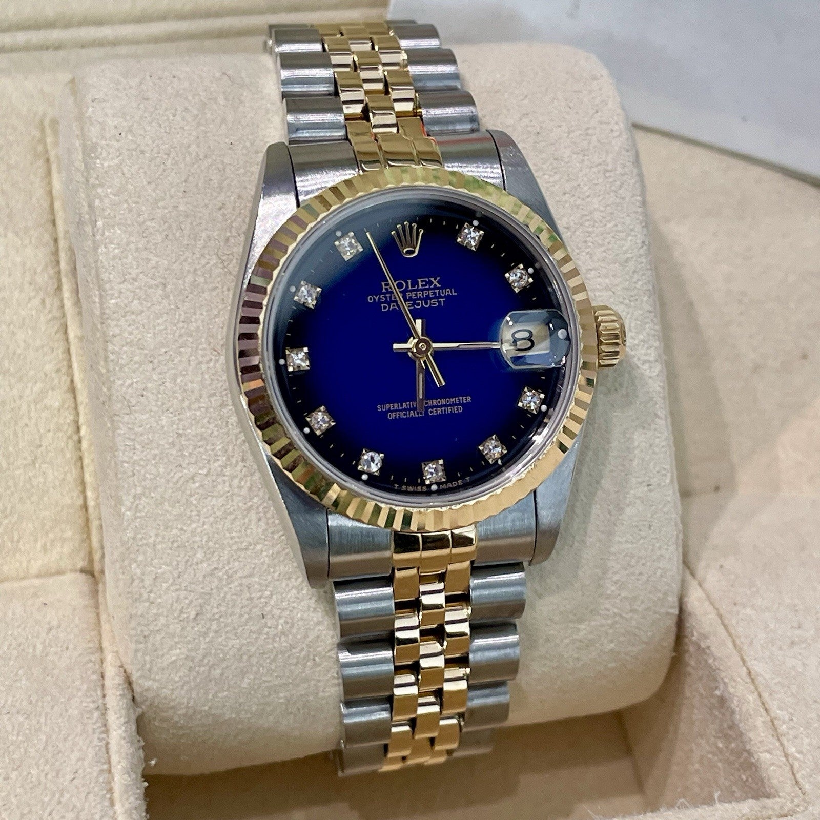 ROLEX DATEJUST 31mm FACTORY BLUE VIGNETTE DIAMOND DIAL JUBILEE FLUTED ref: 68273