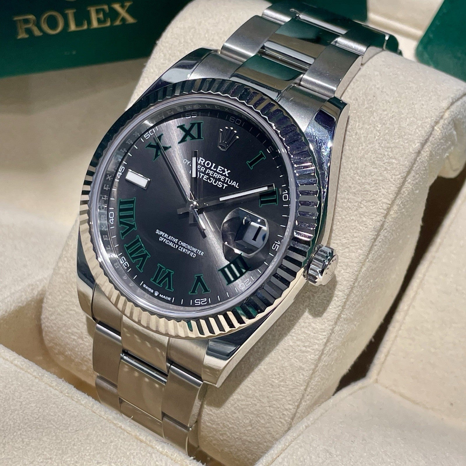 ROLEX DATEJUST 41mm WIMBLEDON OYSTERSTEEL WHITE GOLD FLUTED BEZEL ref: 126334