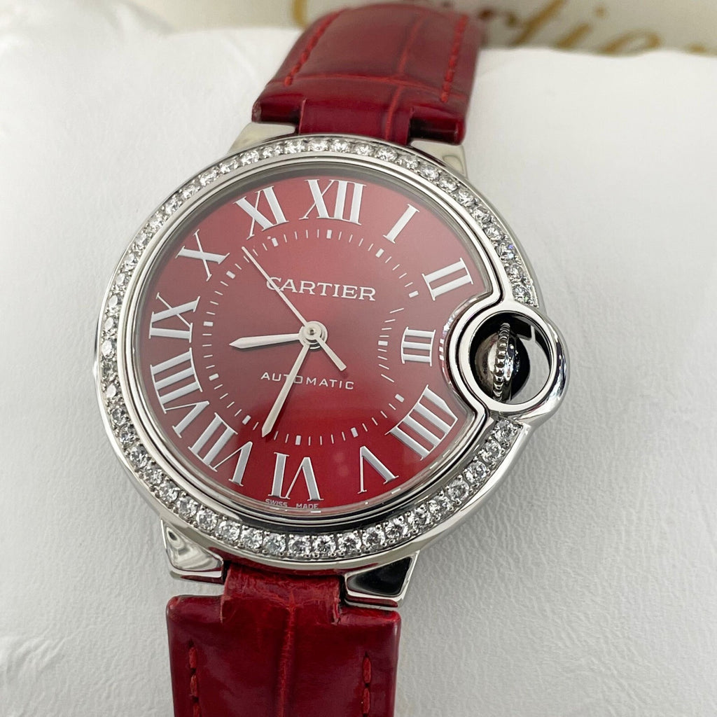 CARTIER BALLON BLEU 33mm RED DIAL DIAMOND BEZEL RED ALLIGATOR ref: WSBB0022