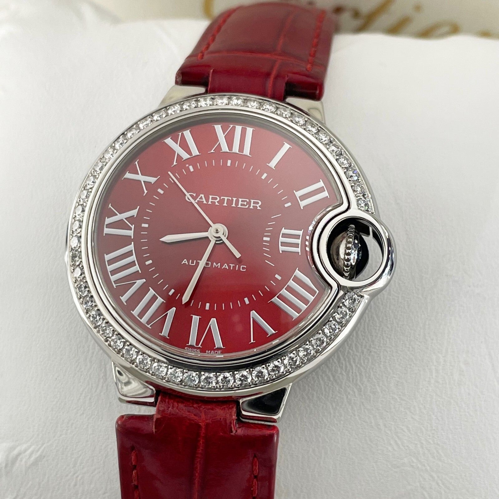 CARTIER BALLON BLEU 33mm RED DIAL DIAMOND BEZEL RED ALLIGATOR ref: WSBB0022