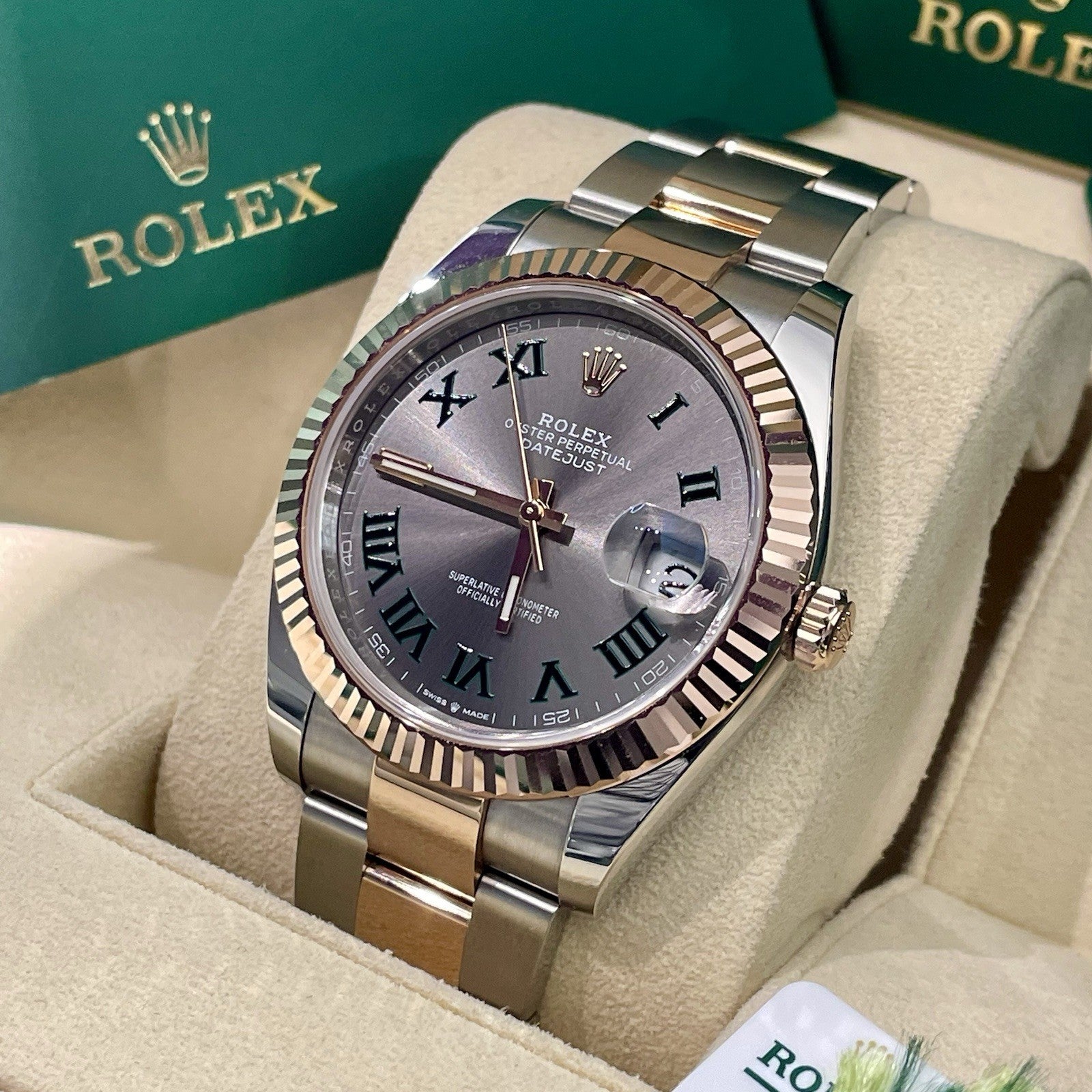 ROLEX DATEJUST 41mm WIMBLEDON ROSE GOLD STAINLESS OYSTER FLUTED ref: 126331