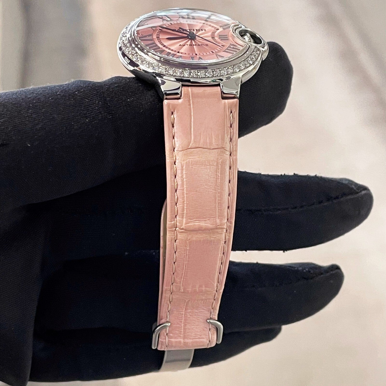 CARTIER BALLON BLEU 33mm PINK DIAL PINK STRAP DIAMOND BEZEL ref: WSBB0031