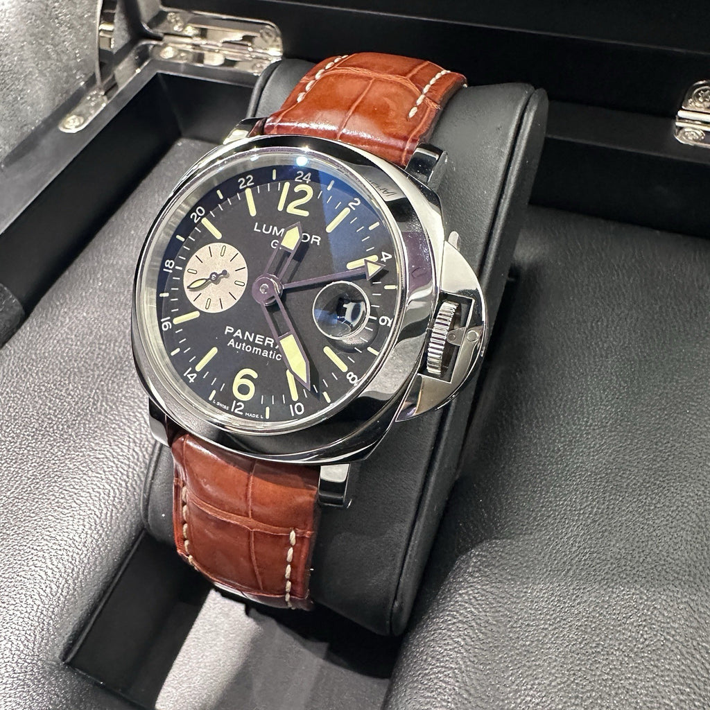 PANERAI LUMINOR GMT 44mm BLACK DIAL BROWN ALLIGATOR STAINLESS ref: PAM00088