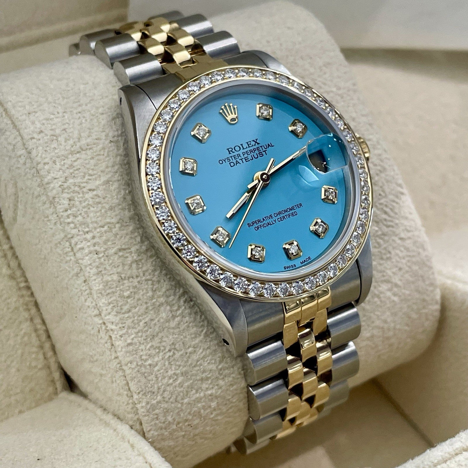 ROLEX DATEJUST 31mm TURQUOISE BLUE DIAMOND DIAL JUBILEE DIAMOND BEZEL ref: 68273