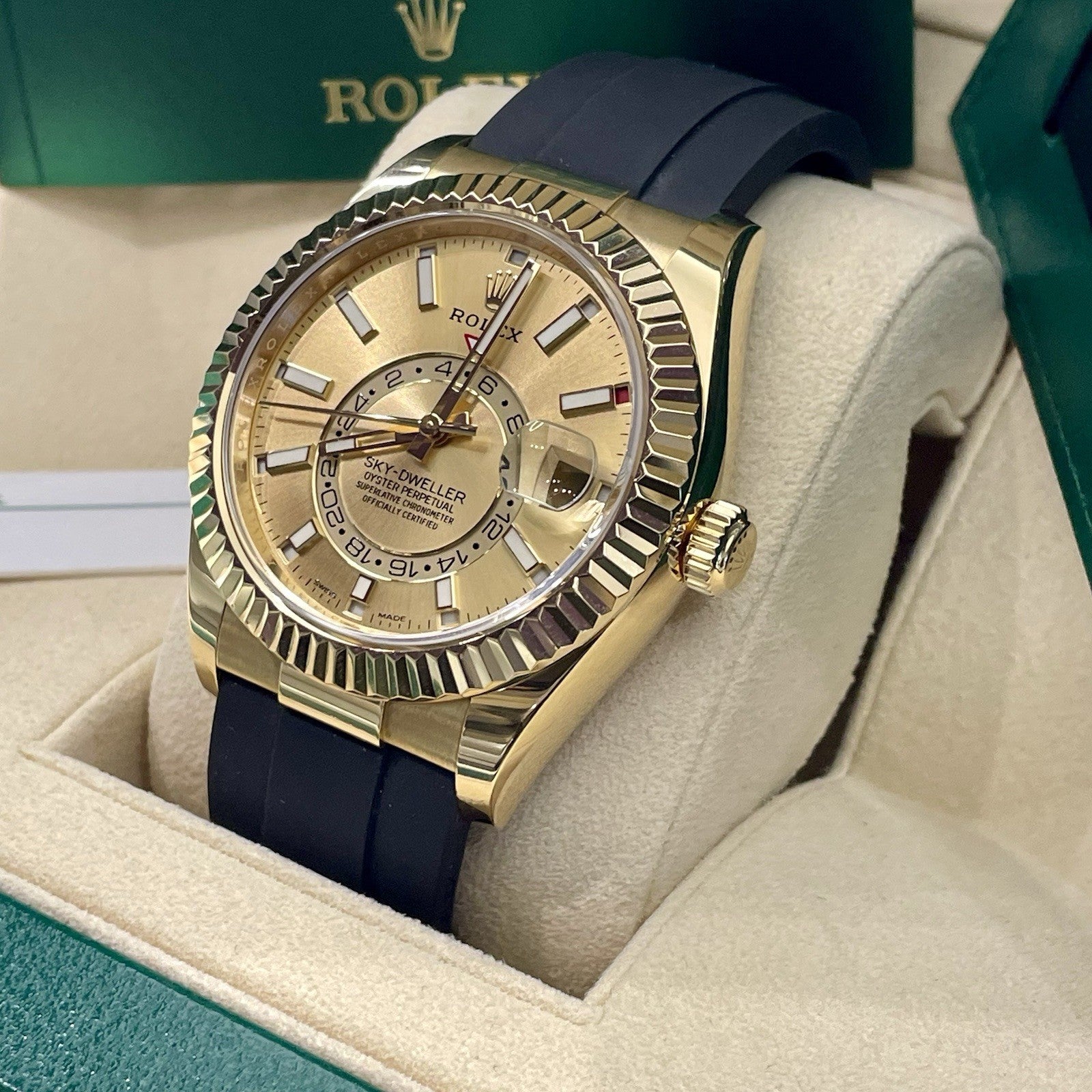 ROLEX SKY-DWELLER 42mm YELLOW GOLD CHAMPAGNE DIAL OYSTERFLEX ref: 326238