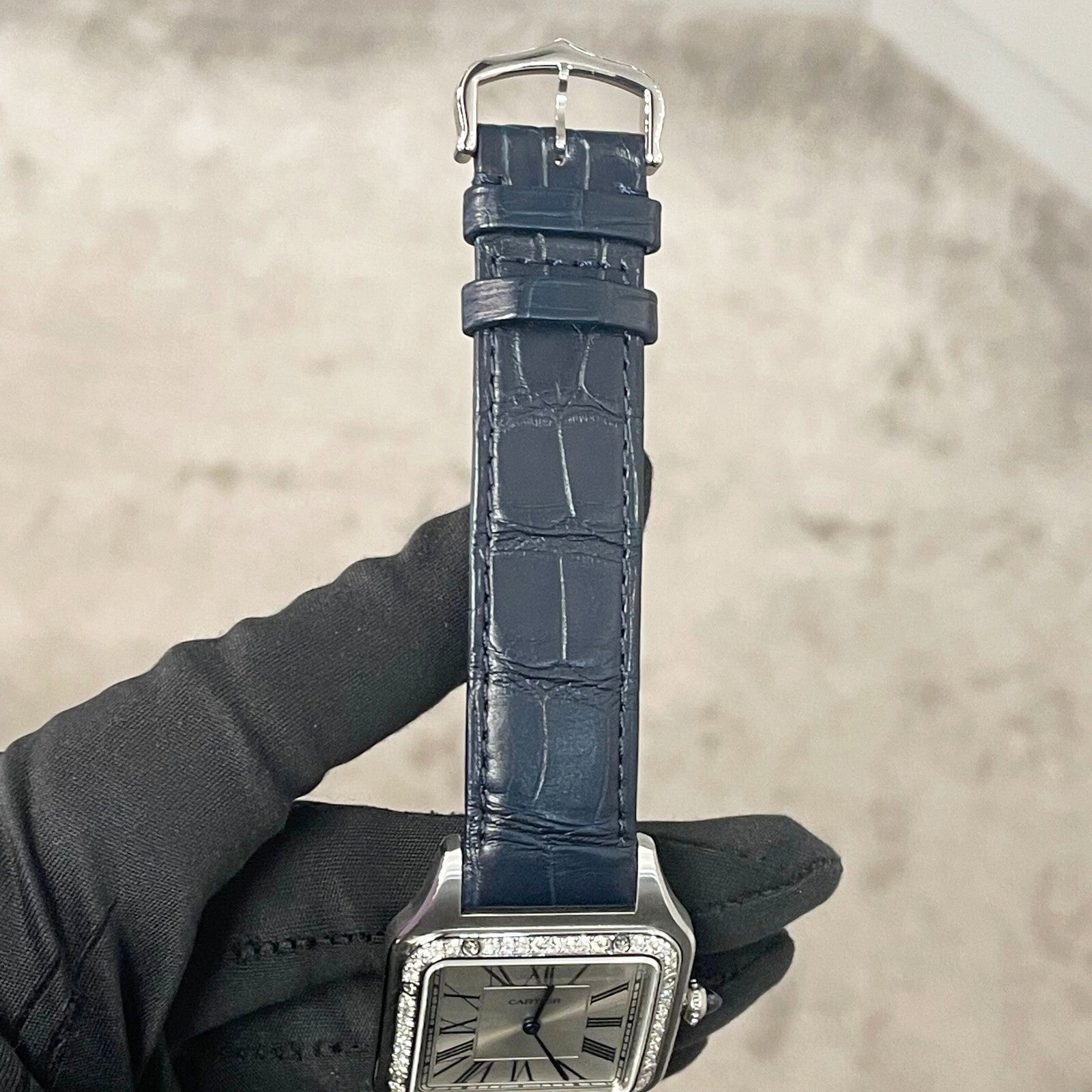 CARTIER SANTOS-DUMONT XL DIAMOND BEZEL NAVY BLUE ALLIGATOR ref: WSSA0032 (4305)