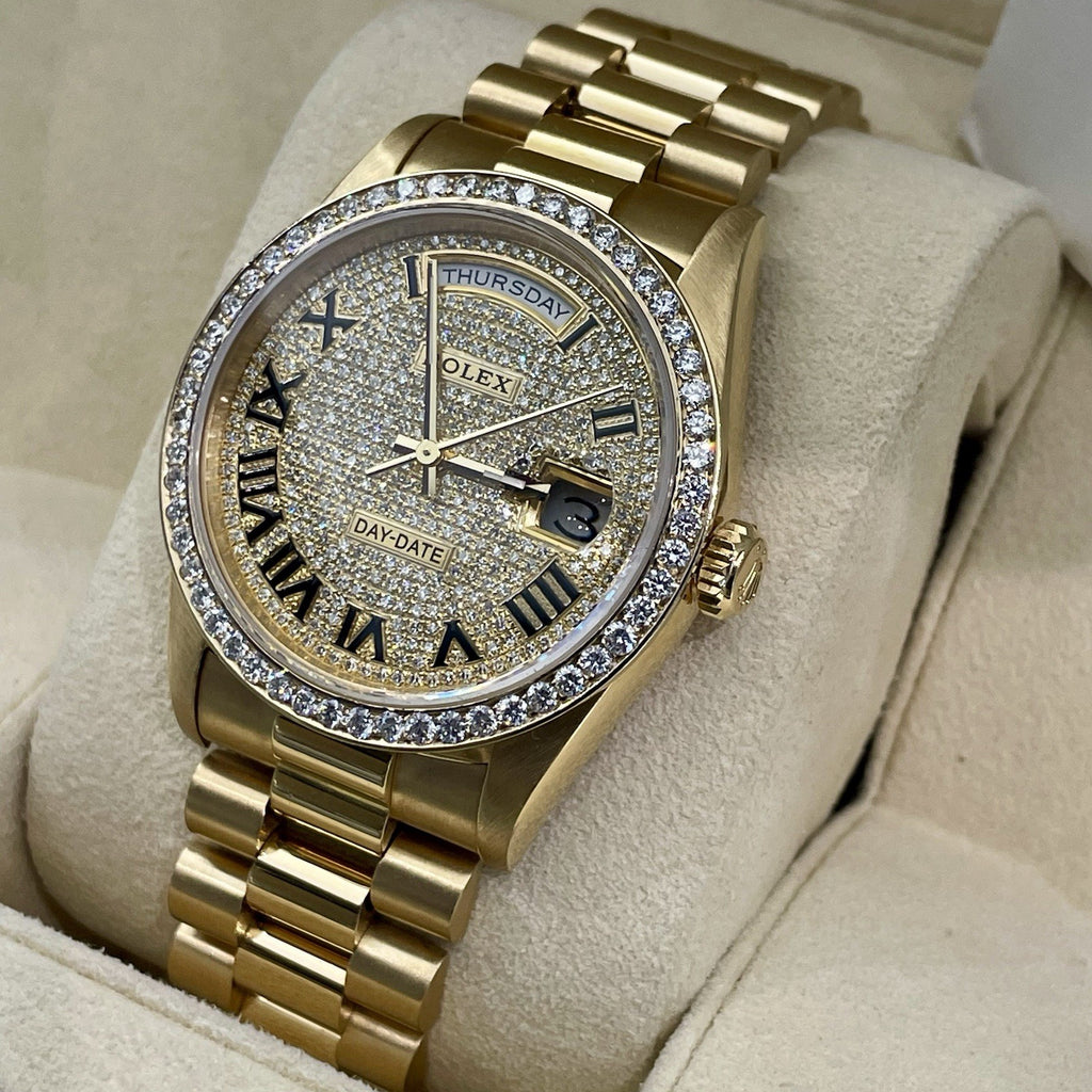 ROLEX DAY-DATE 36 PAVE ROMAN DIAL YELLOW GOLD PRESIDENTIAL DIA BEZEL ref: 18238