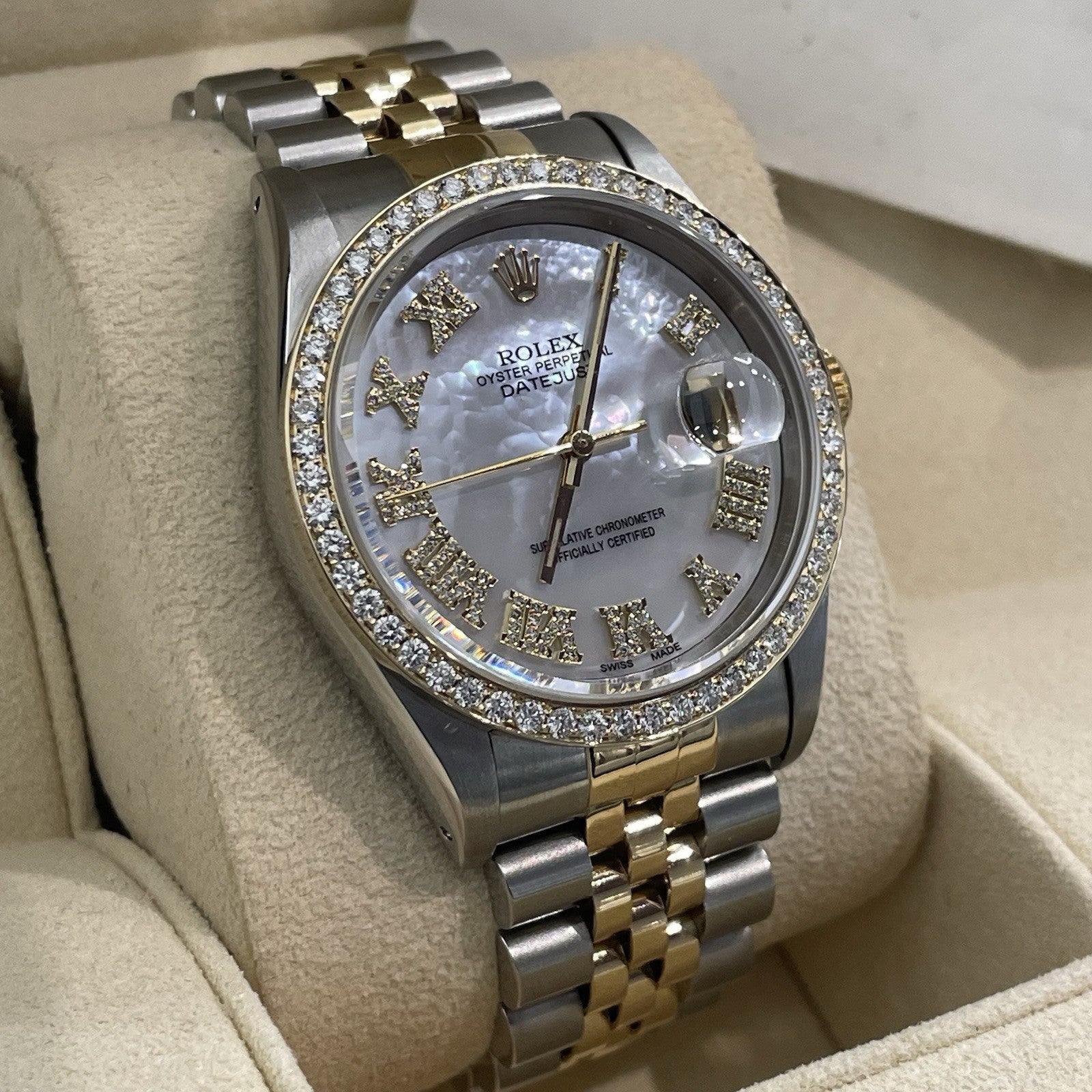 ROLEX DATEJUST 36 MOTHER OF PEARL YELLOW GOLD STAINLESS DIAMOND BEZEL ref: 16233