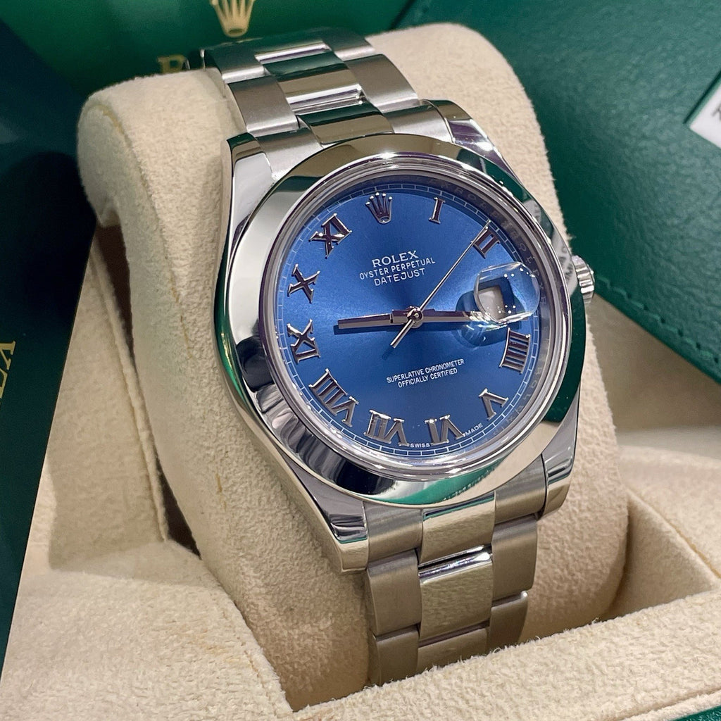 ROLEX DATEJUST 41mm BLUE AZZURO ROMAN DIAL OYSTERSTEEL SMOOTH BEZEL ref: 116300