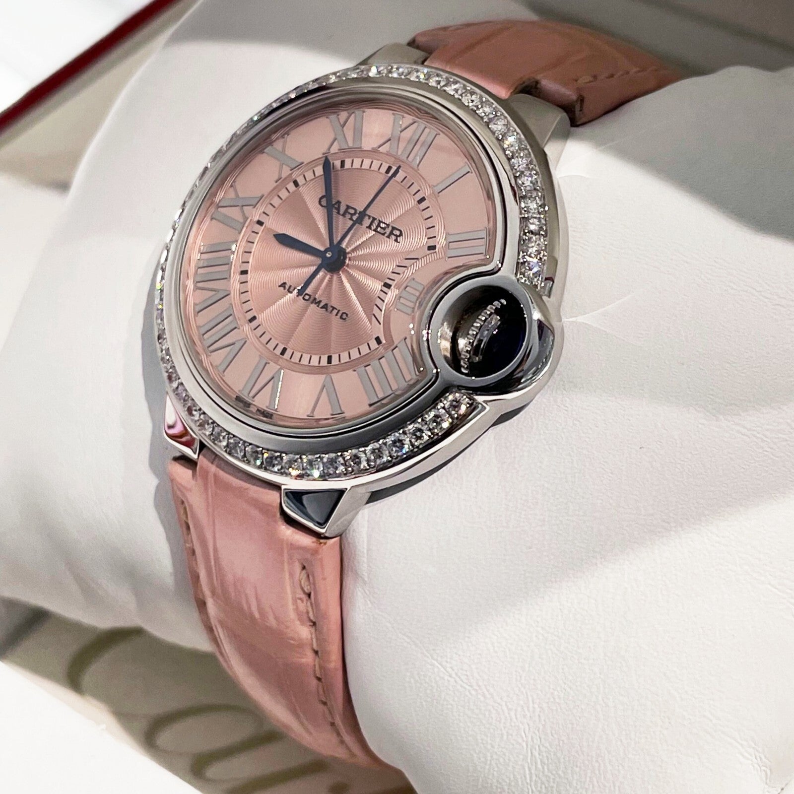 CARTIER BALLON BLEU 33mm PINK DIAL PINK STRAP DIAMOND BEZEL ref: WSBB0031