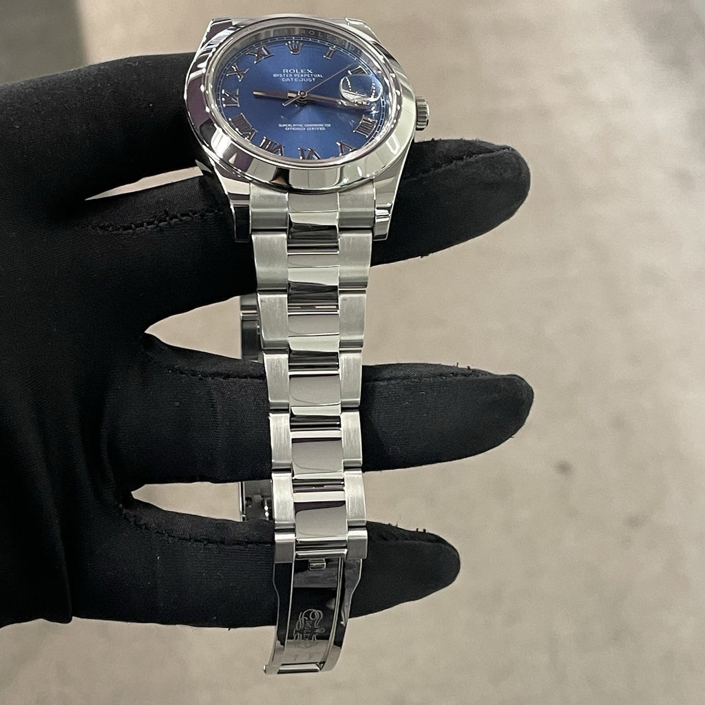 ROLEX DATEJUST 41mm BLUE AZZURO ROMAN DIAL OYSTERSTEEL SMOOTH BEZEL ref: 116300