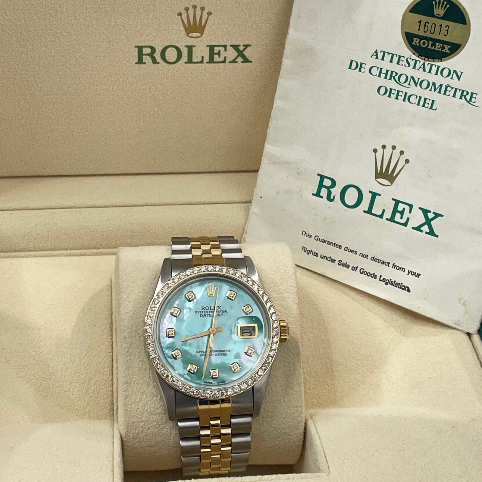 ROLEX DATEJUST 36mm TURQUOISE MOTHER OF PEARL JUBILEE DIAMOND BEZEL ref: 16013