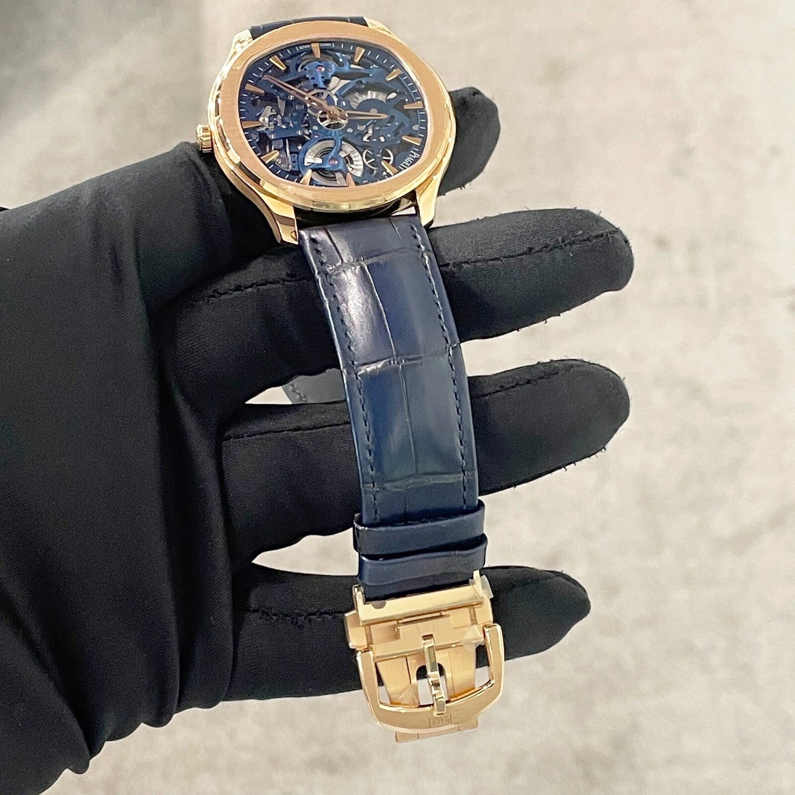 PIAGET POLO SKELETON 42mm ROSE GOLD BLUE ALLIGATOR ref: G0A46009