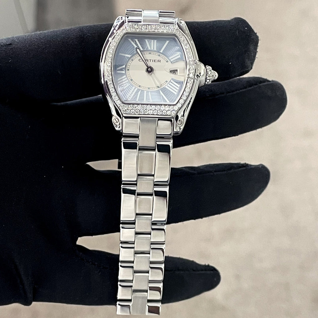 CARTIER ROADSTER LADIES BLUE ROMAN DIAMOND BEZEL STAINLESS ref: W62053V3