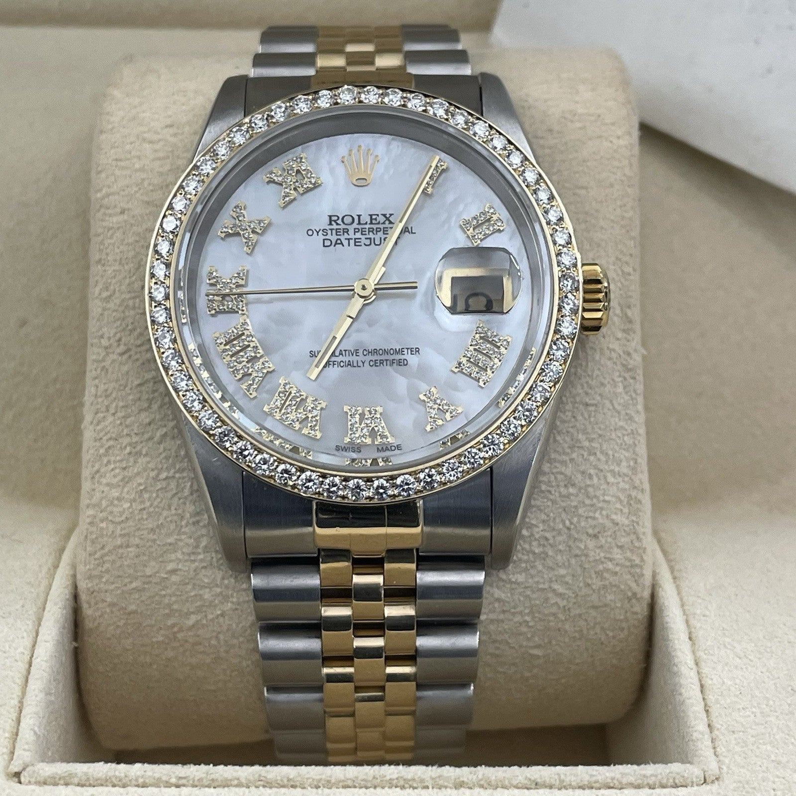 ROLEX DATEJUST 36 MOTHER OF PEARL YELLOW GOLD STAINLESS DIAMOND BEZEL ref: 16233