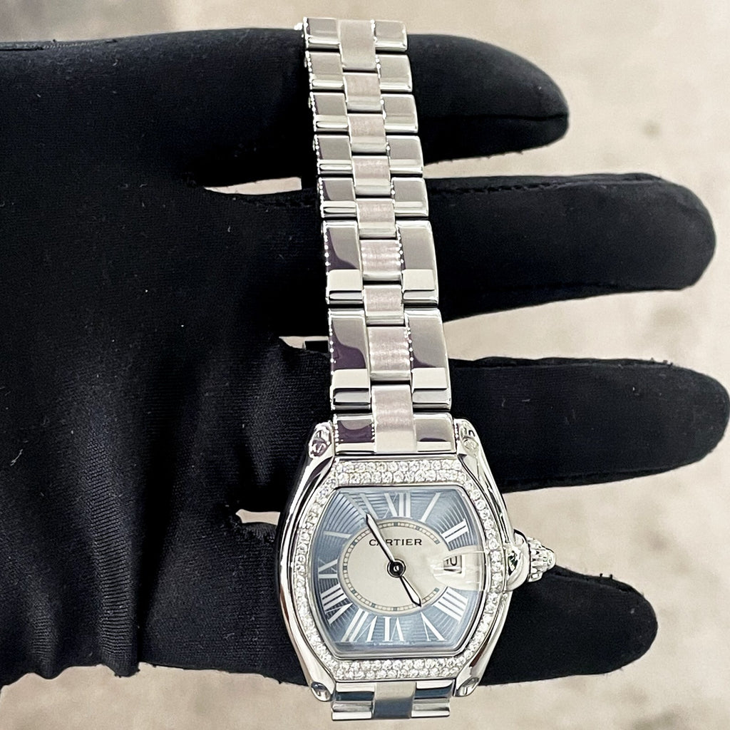 CARTIER ROADSTER LADIES BLUE ROMAN DIAMOND BEZEL STAINLESS ref: W62053V3