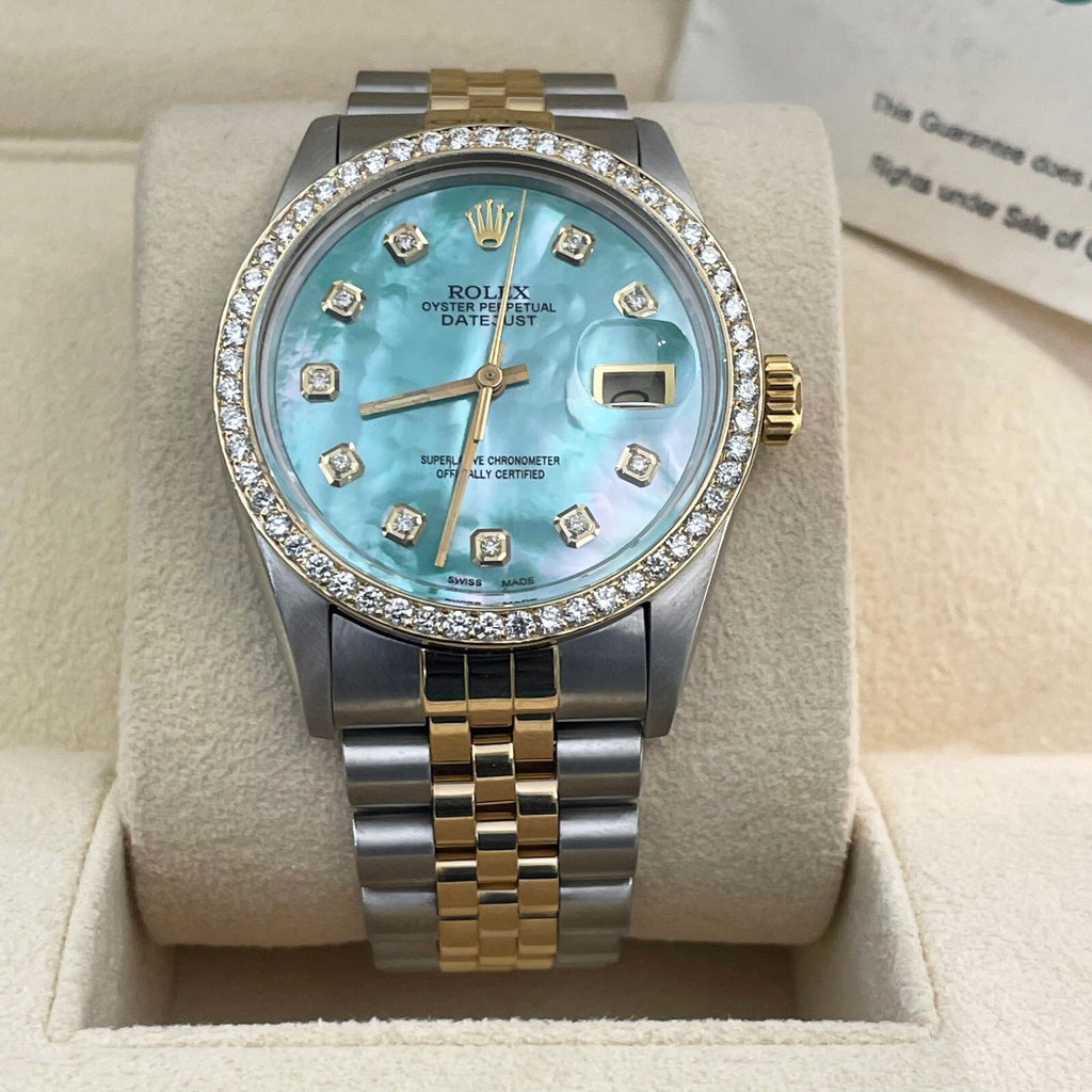 ROLEX DATEJUST 36mm TURQUOISE MOTHER OF PEARL JUBILEE DIAMOND BEZEL ref: 16013