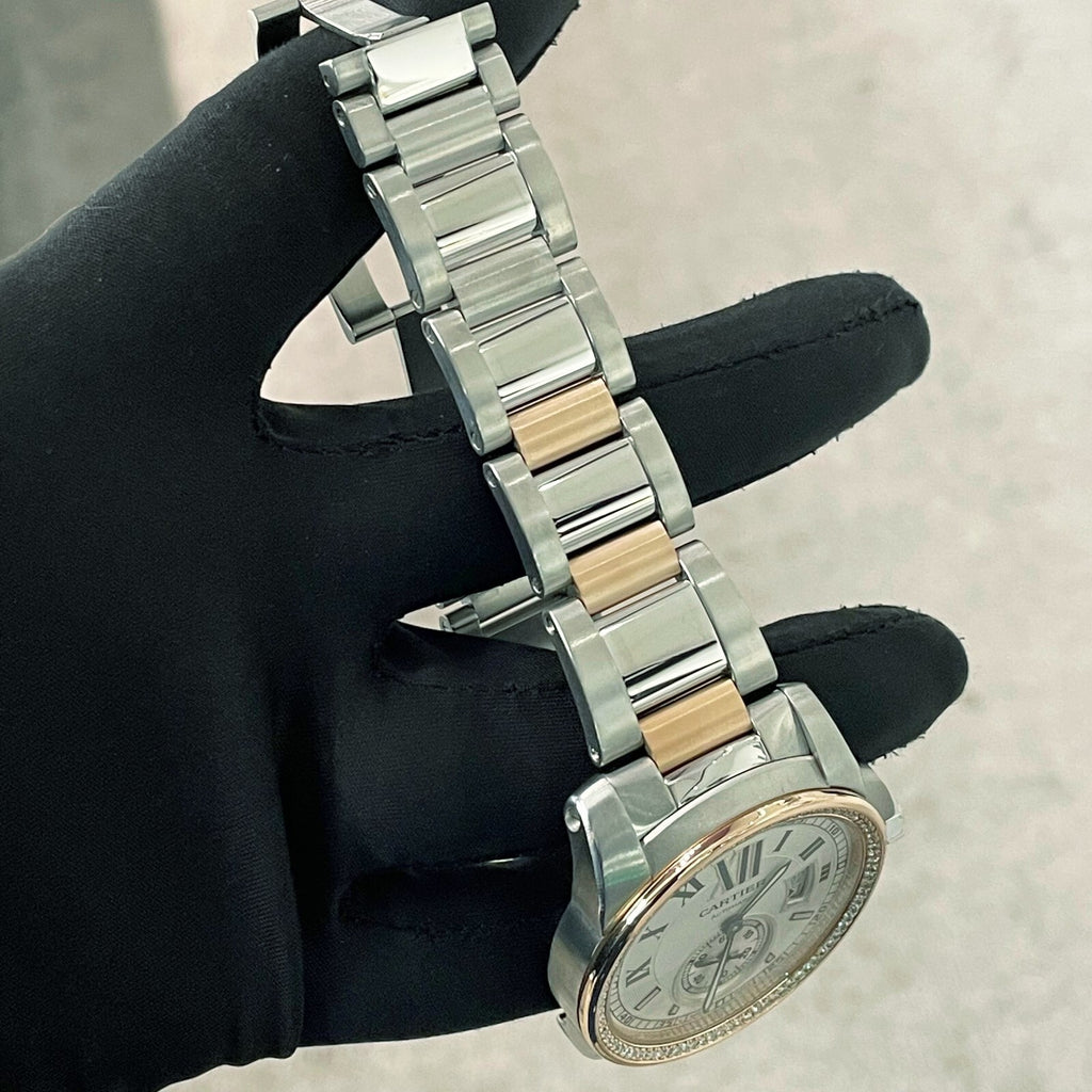 CARTIER CALIBRE 42mm ROSE GOLD STAINLESS DIAMOND BEZEL SILVER DIAL ref: W7100036