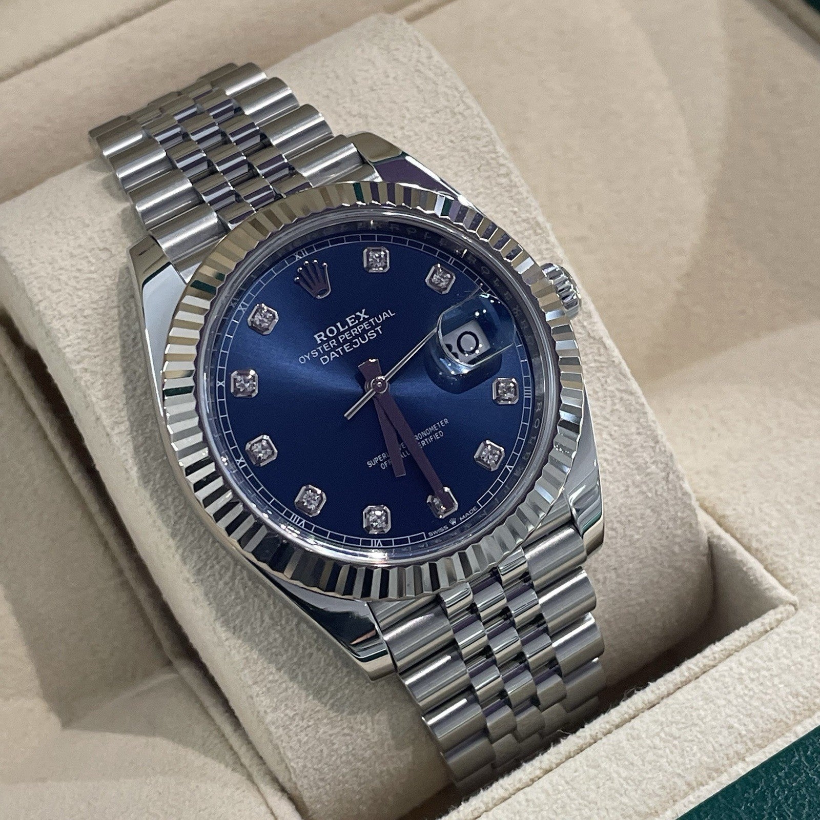 ROLEX DATEJUST 41mm BLUE DIAMOND DIAL STAINLESS JUBILEE FLUTED BEZEL ref: 126334