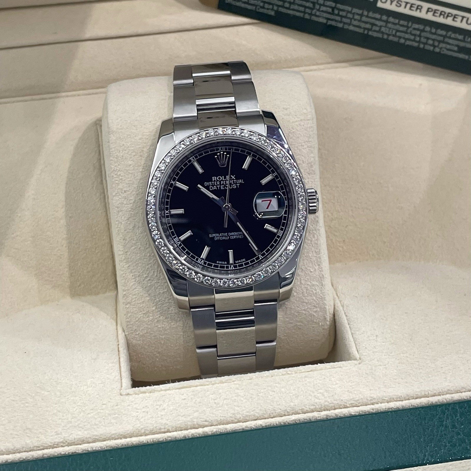 ROLEX DATEJUST 36mm BLACK DIAL OYSTERSTEEL DIAMOND BEZEL ref: 116200