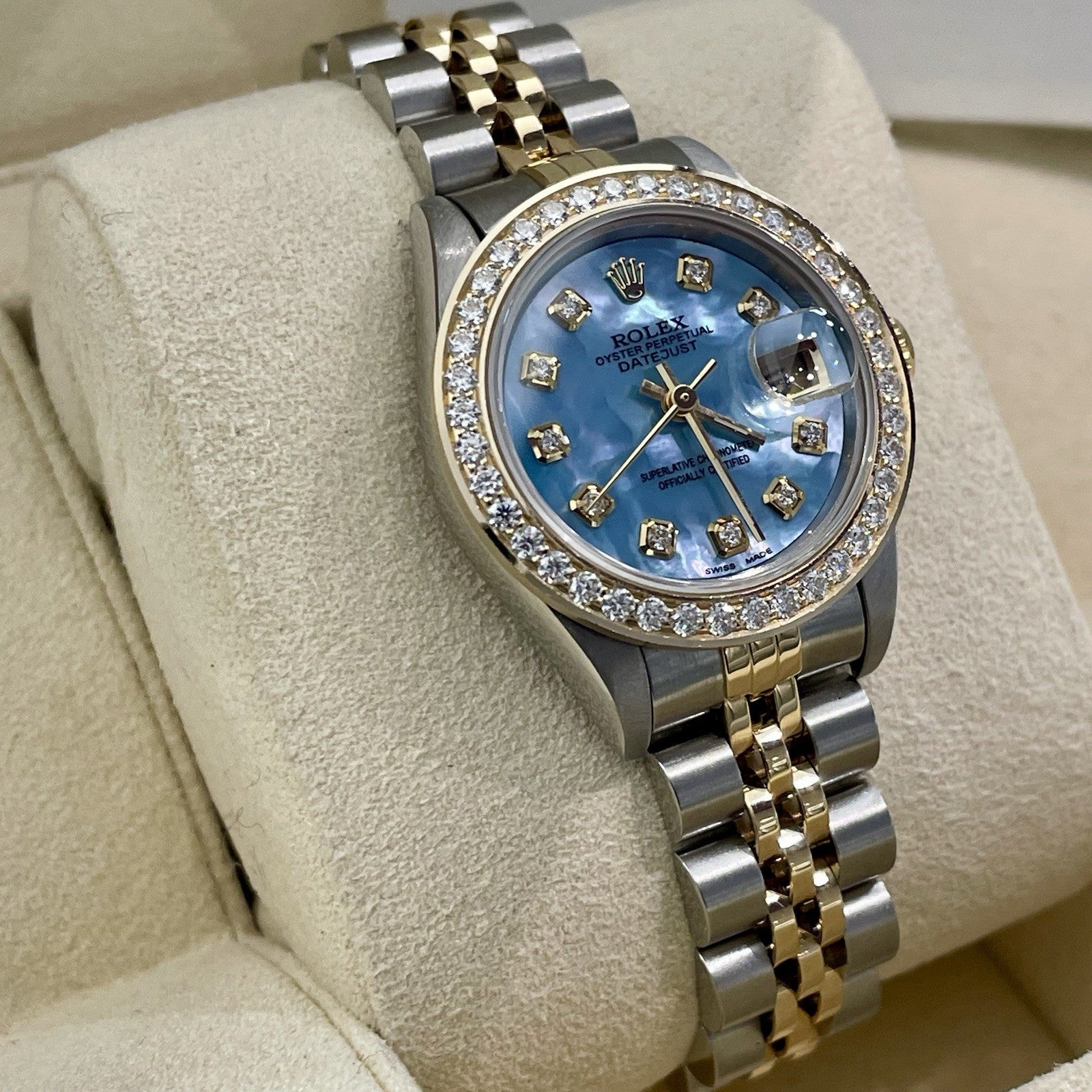 ROLEX LADY-DATEJUST 26mm BLUE MOTHER OF PEARL DIAL DIAMOND BEZEL ref: 69173