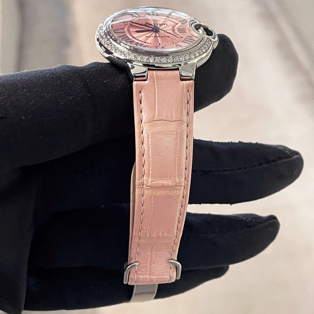 CARTIER BALLON BLEU 33mm PINK DIAL PINK STRAP DIAMOND BEZEL ref: WSBB0031