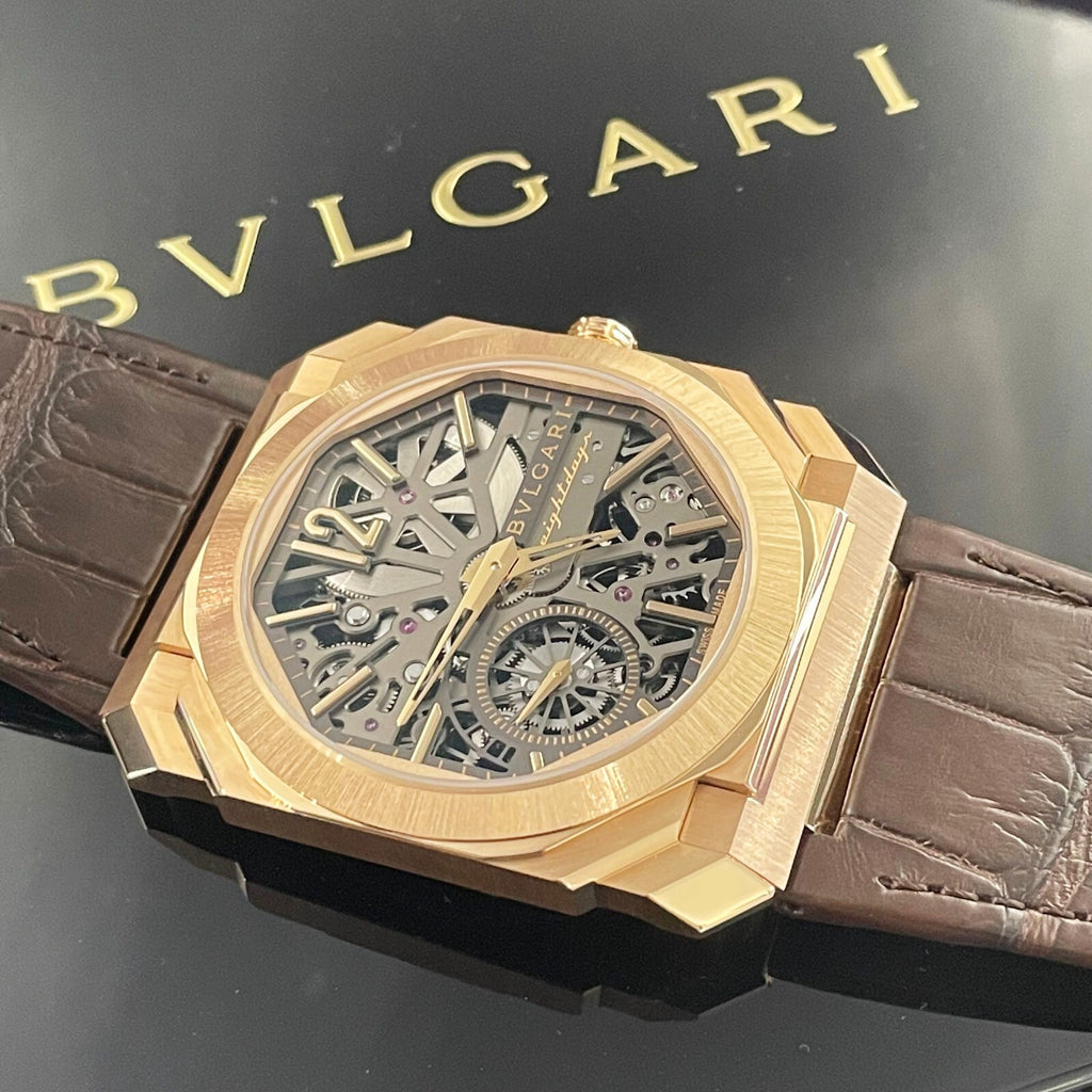 BVLGARI OCTO FINISSIMO SKELETON 8-DAYS 40mm ROSE GOLD ALLIGATOR ref: 103667