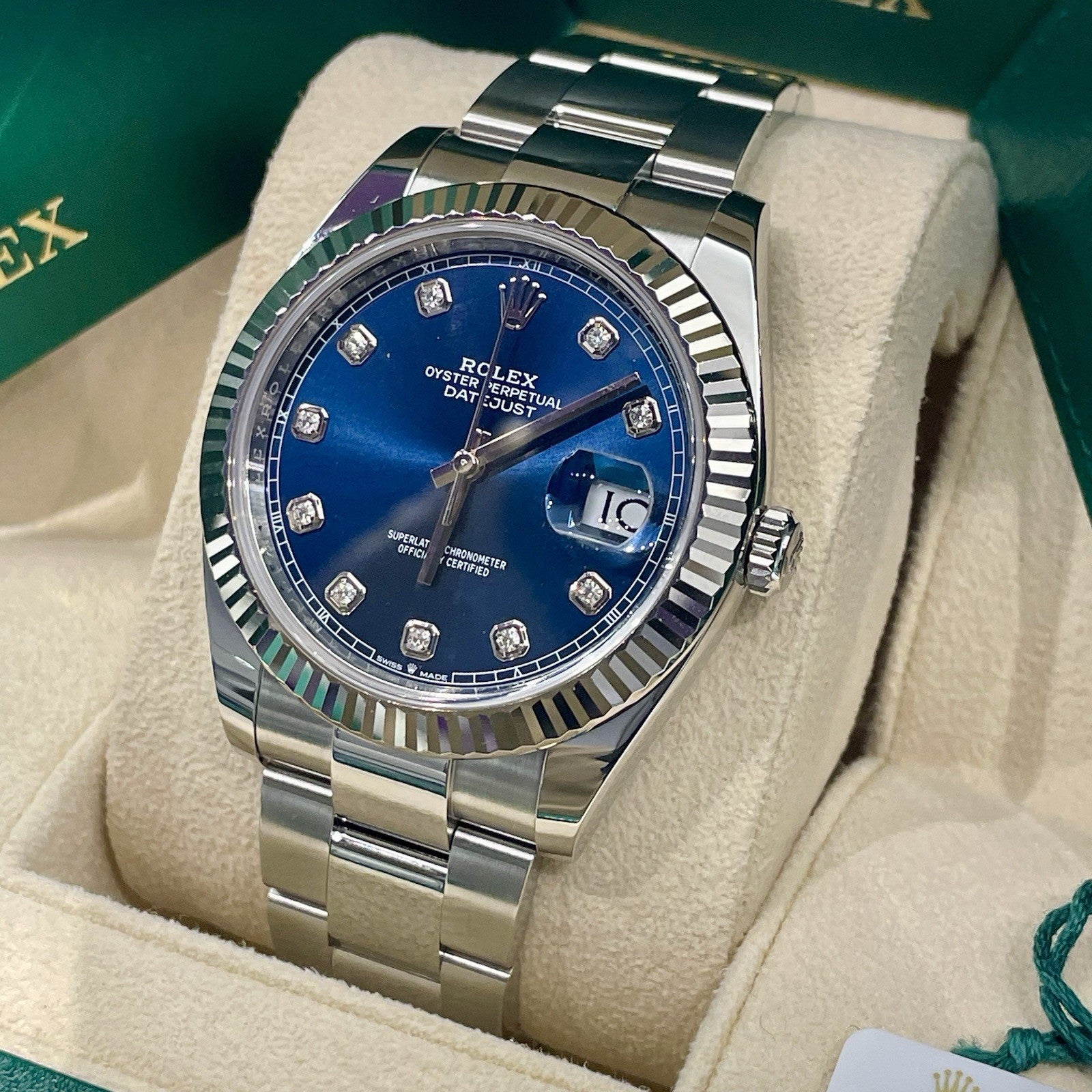 ROLEX DATEJUST 41mm BLUE DIAMOND DIAL OYSTERSTEEL FLUTED BEZEL ref: 126334