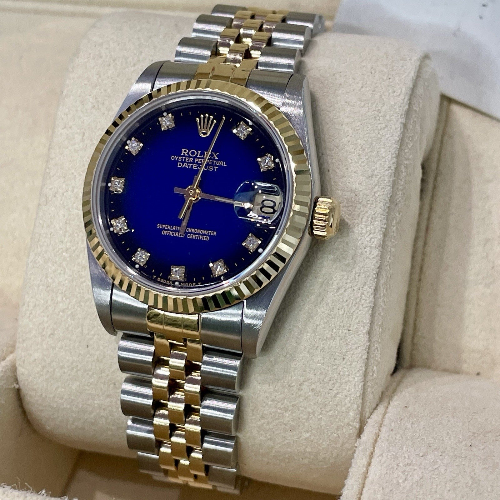 ROLEX DATEJUST 31mm FACTORY BLUE VIGNETTE DIAMOND DIAL JUBILEE FLUTED ref: 68273
