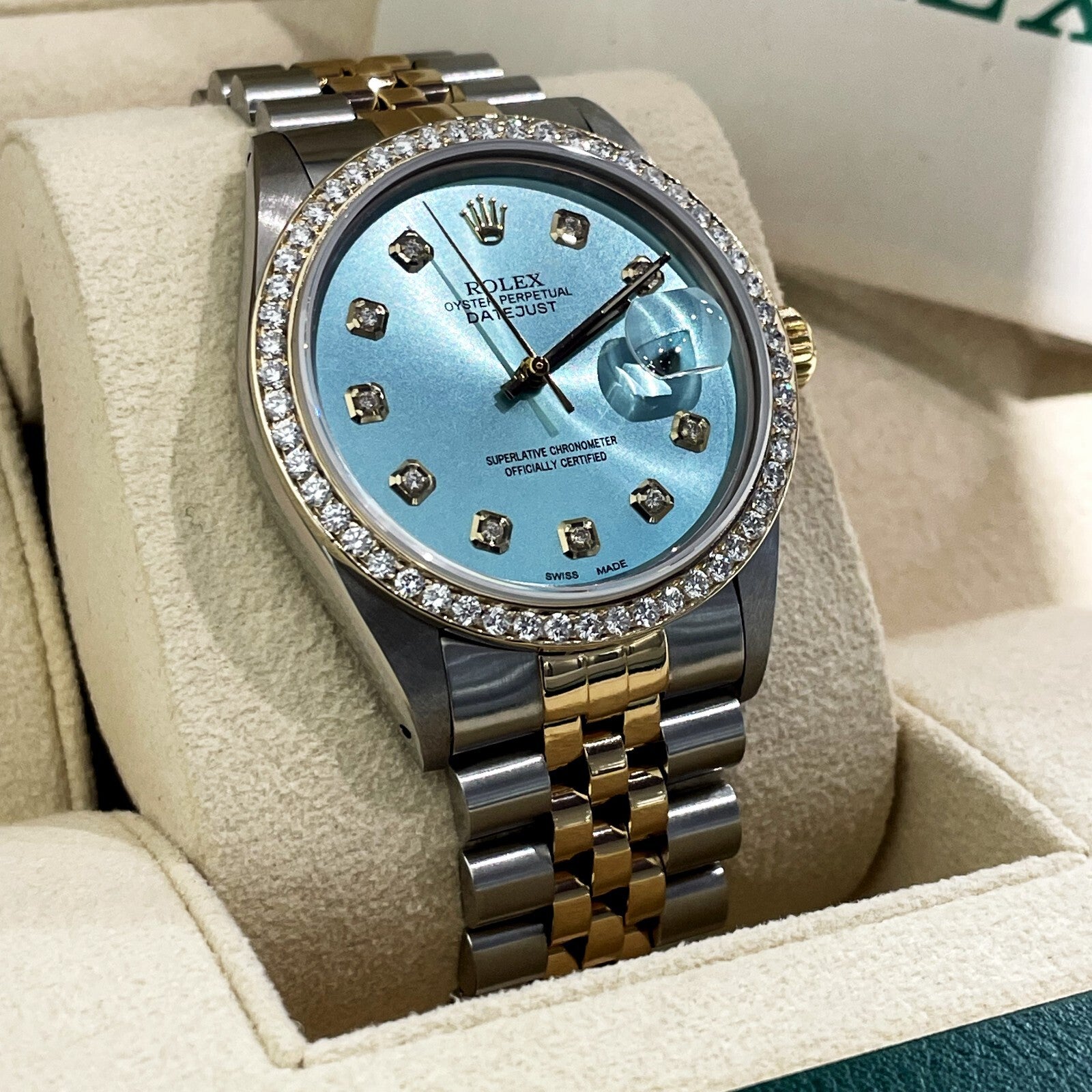 ROLEX DATEJUST 36 LIGHT BLUE DIAMOND DIAL 2TONE JUBILEE DIAMOND BEZEL ref: 16013